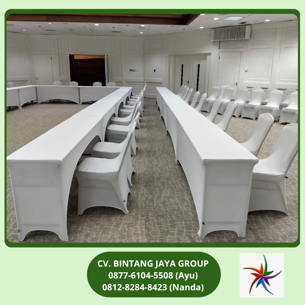Sewa Meja Ibm 180x45cm Taplak Putih Ketat Wisma Danantara
