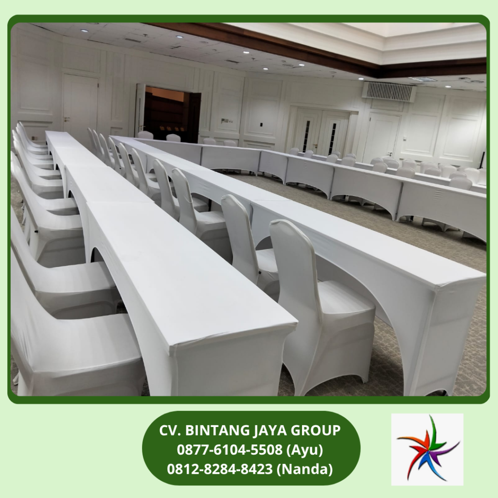 Sewa Meja Ibm 180x45cm Taplak Putih Ketat Wisma Danantara