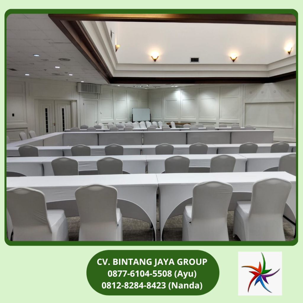 Sewa Meja Ibm 180x45cm Taplak Putih Ketat Wisma Danantara