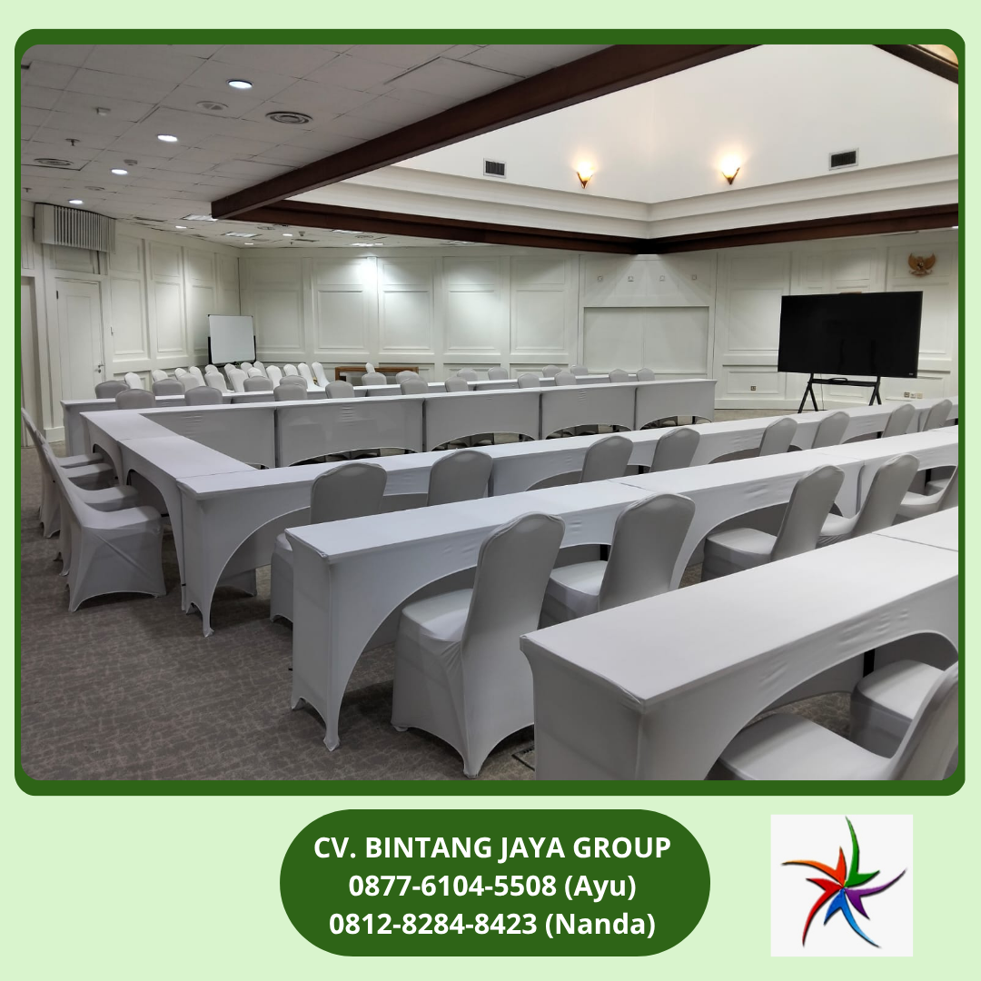 Sewa Meja Ibm 180x45cm Taplak Putih Ketat Wisma Danantara