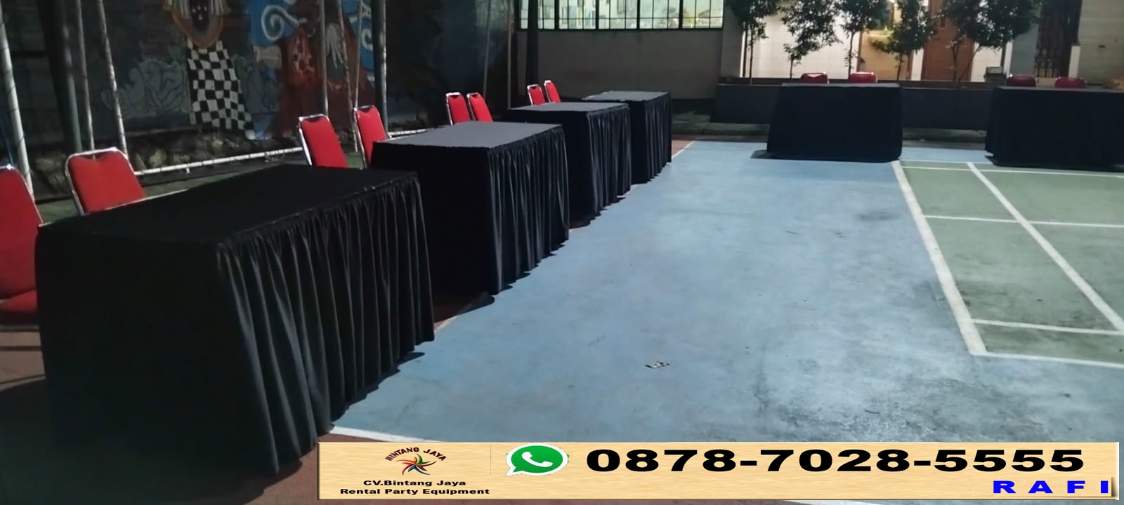 Rental Futura Polos Dan Meja Kotak 120x60 Taplak Hitam Event SMA Amanda Bekasi