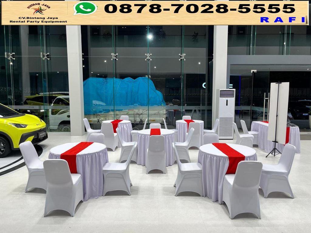 Sewa Meja Kotak, Meja Bundar Dan Kursi Cover Putih Sentul 0878-7028-5555