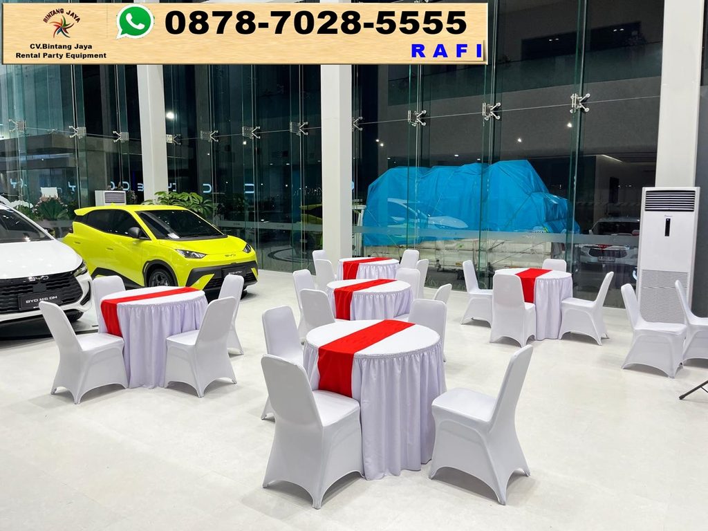 Sewa Meja Kotak, Meja Bundar Dan Kursi Cover Putih Sentul 0878-7028-5555
